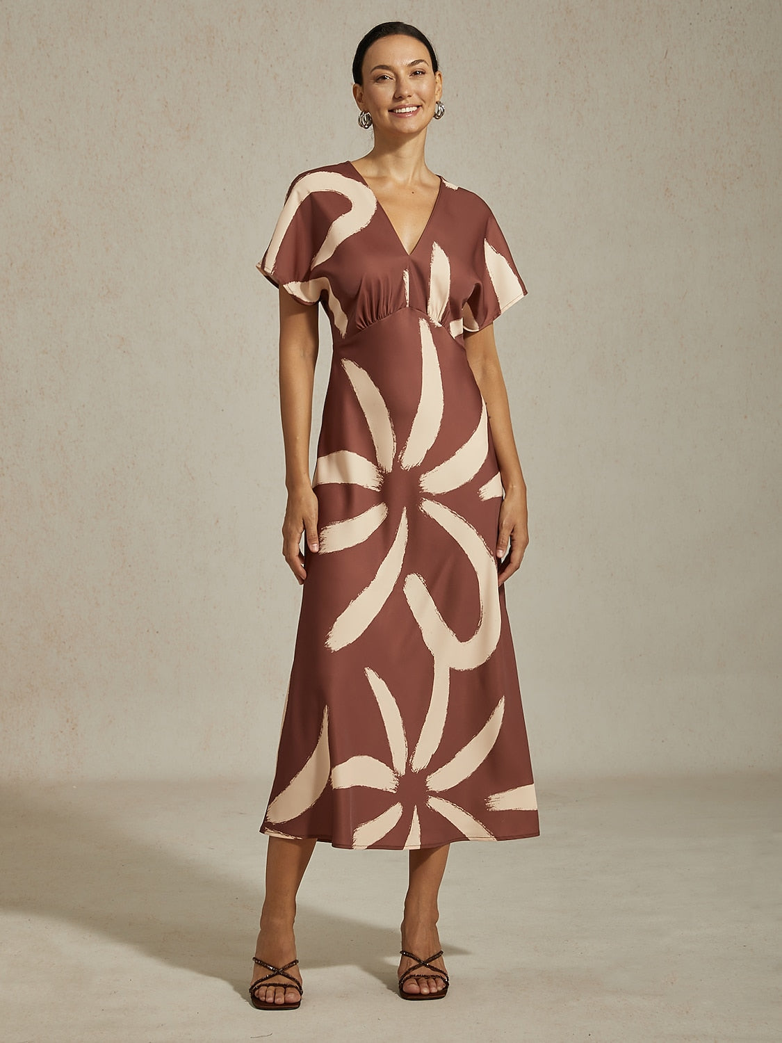 Maxi Dress Coffee Abstract Floral Print Satin