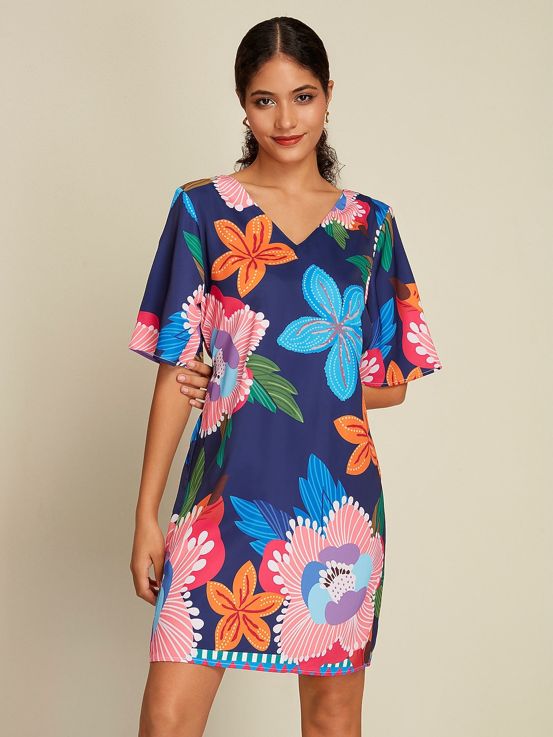 Satin Mini Dress  Floral Print Straight Fit Slimming Elastic Back     Dress