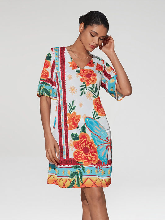 Floral Print Mini Dress Orange Flower Pattern