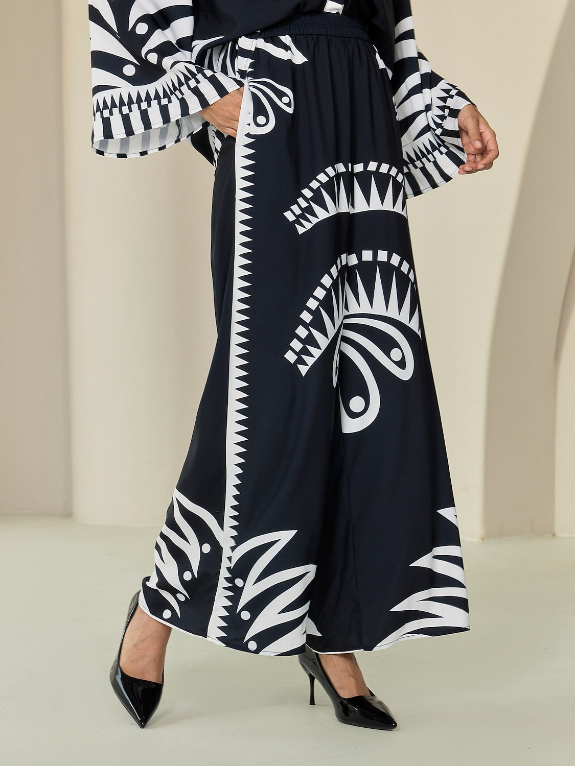 Wide Leg Pants Black Satin Full Length Printing