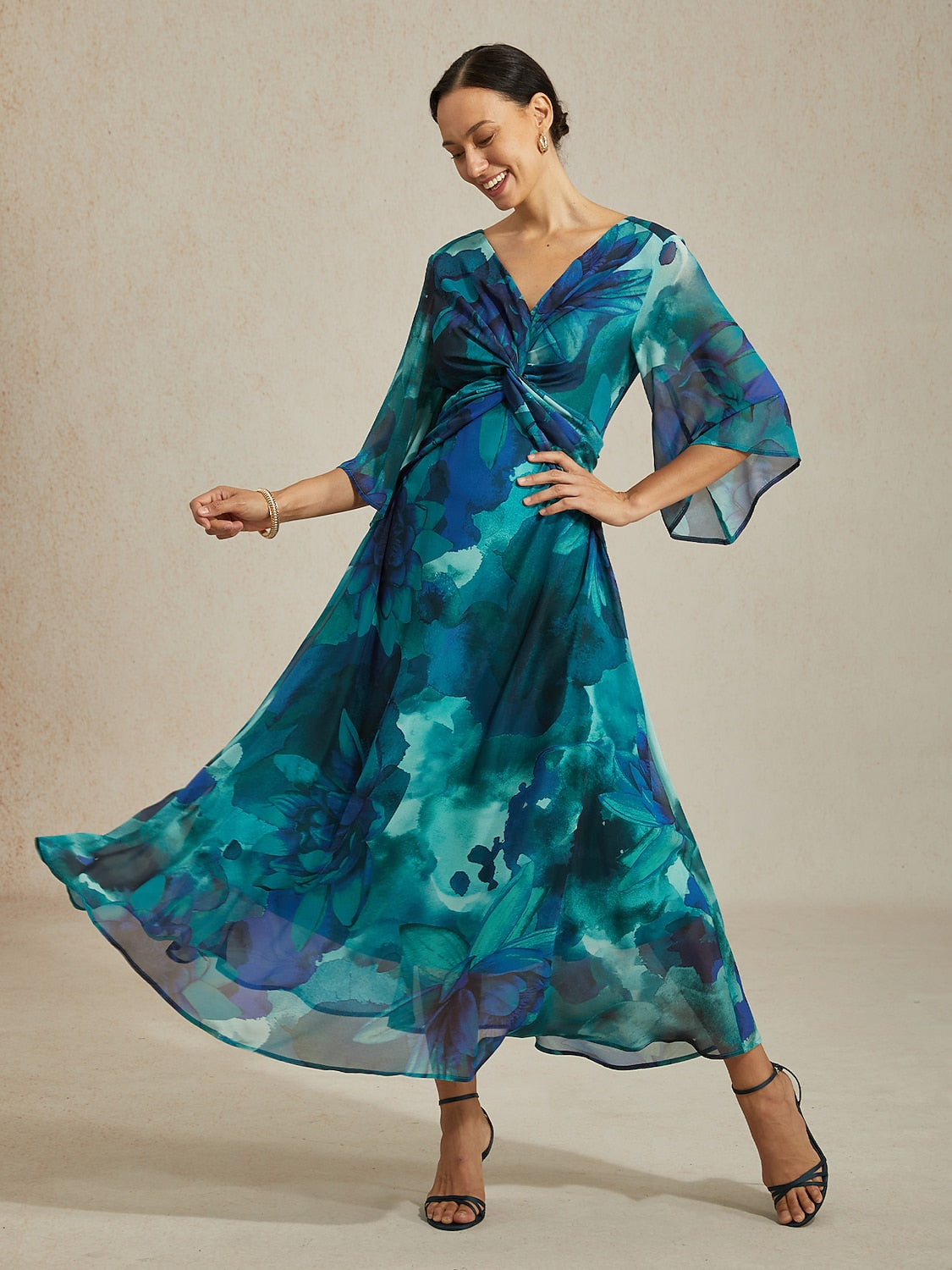 Maxi Dress Green Abstract Floral Print Twist Knot