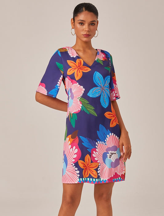 Satin Mini Dress  Floral Print Straight Fit Slimming Elastic Back     Dress