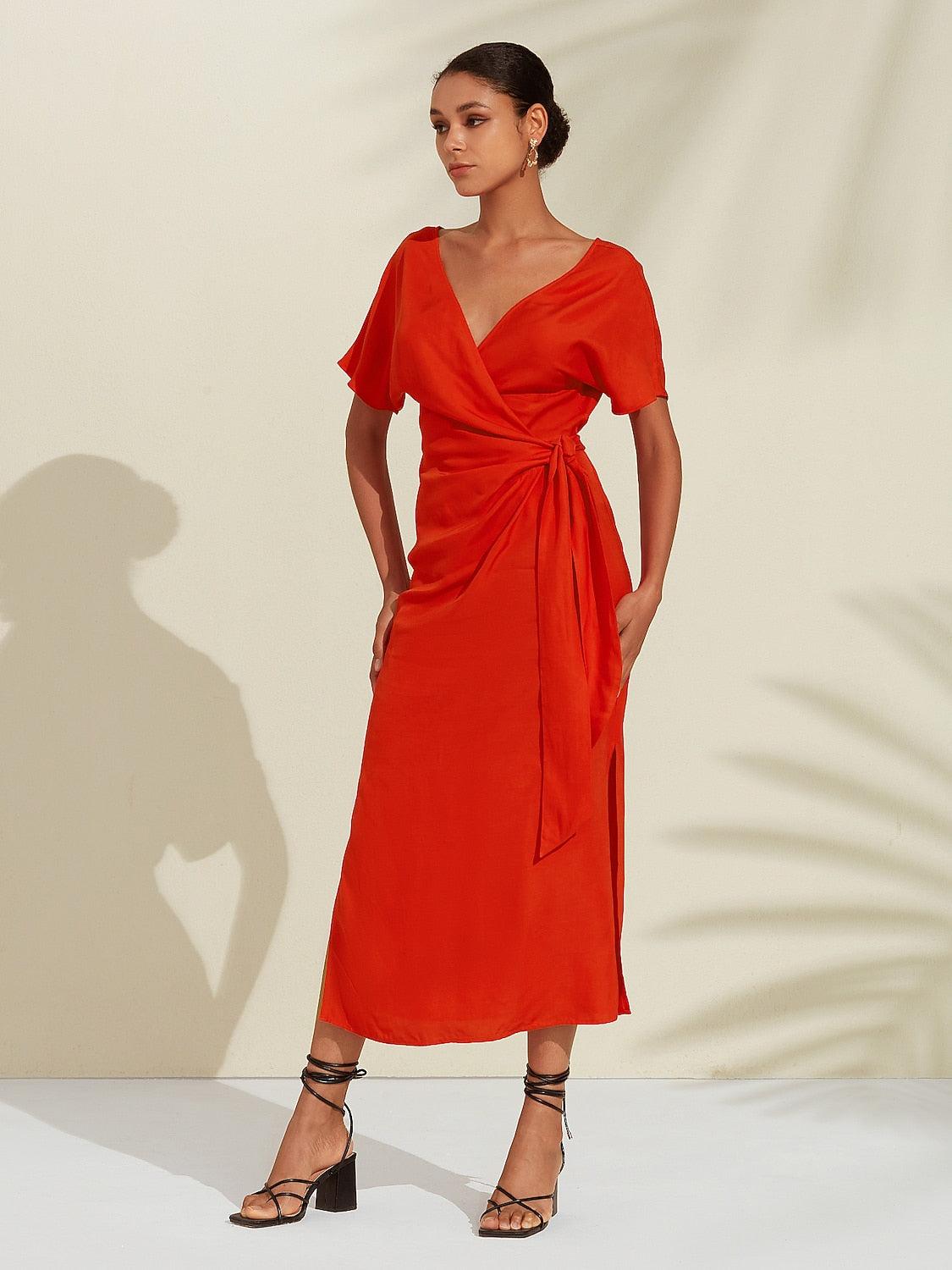 Tencel Linen Orange Red  Shirred Wrap Midi Dress