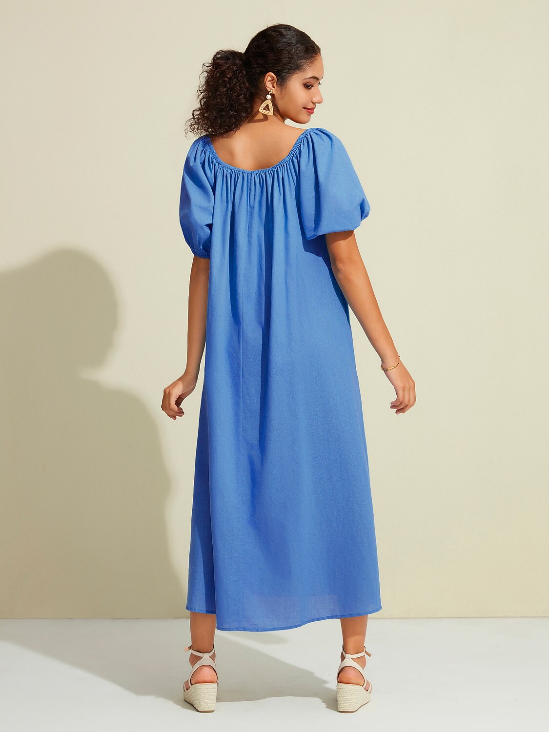 Cotton Resort Maxi Dress Loose Fit Off-Shoulder Puff