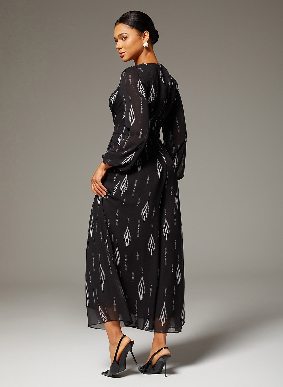 Jumpsuit Black Chiffon Printed Wide Leg Waist Cinching