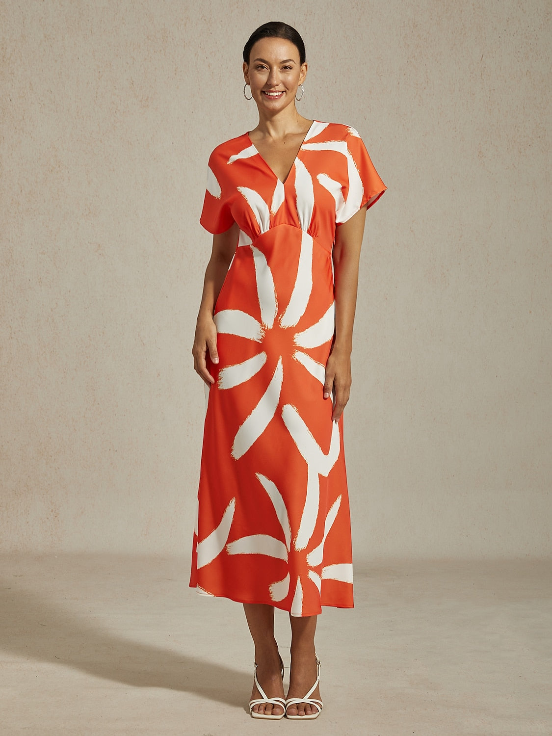 Maxi Dress Coffee Abstract Floral Print Satin