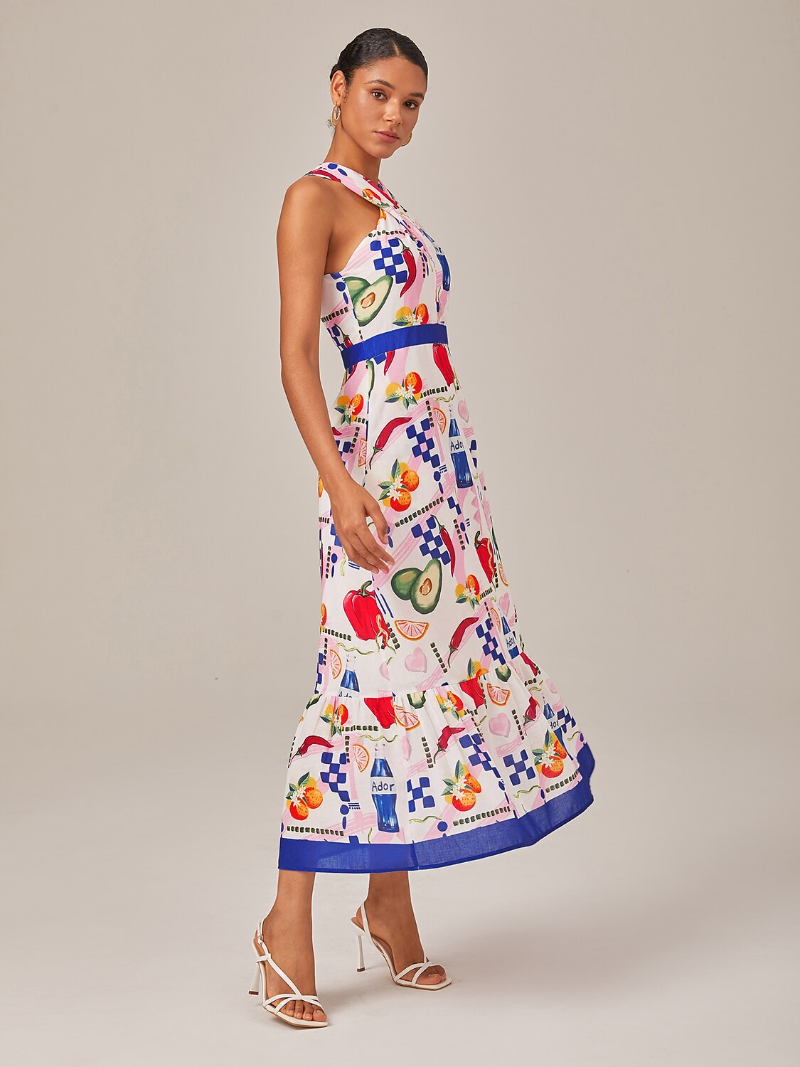 Tropical Fruit-Vegetable Print Halter Neck Long Dress