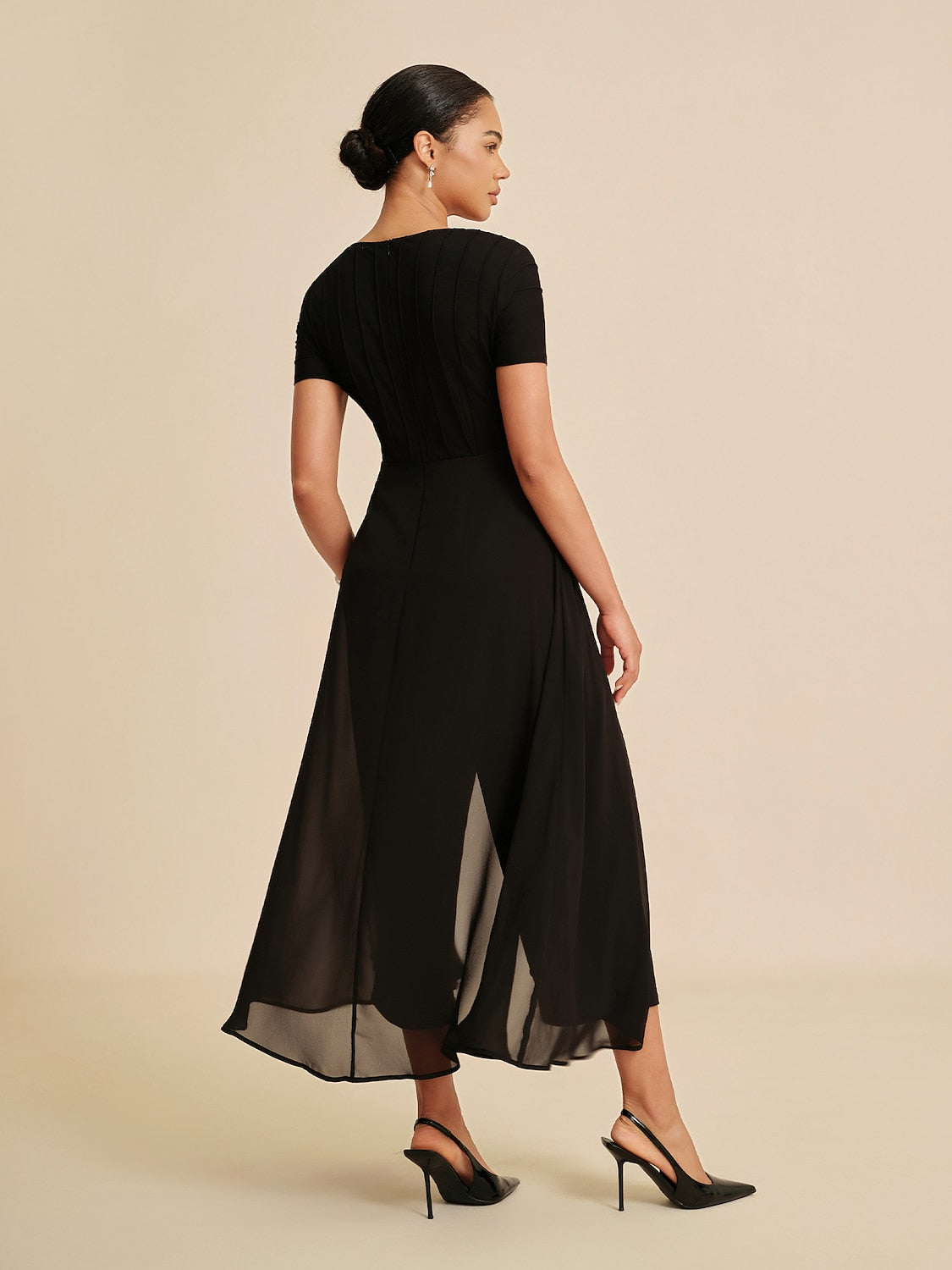 Paneled Design Faux Flowy Sheer Stretch Fabric Jumpsuit