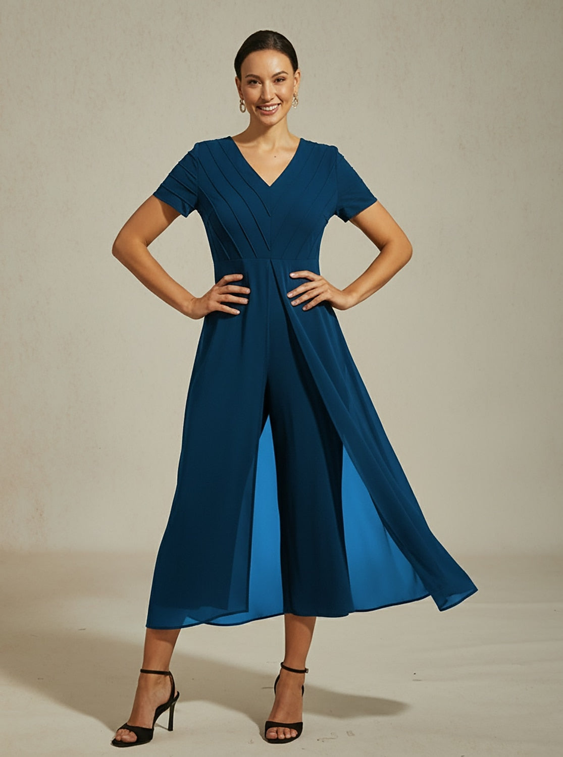 Paneled Design Faux Flowy Sheer Stretch Fabric Jumpsuit