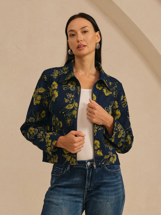 Jacket Denim Fabric Yellow Floral Pattern Turn Down Collar