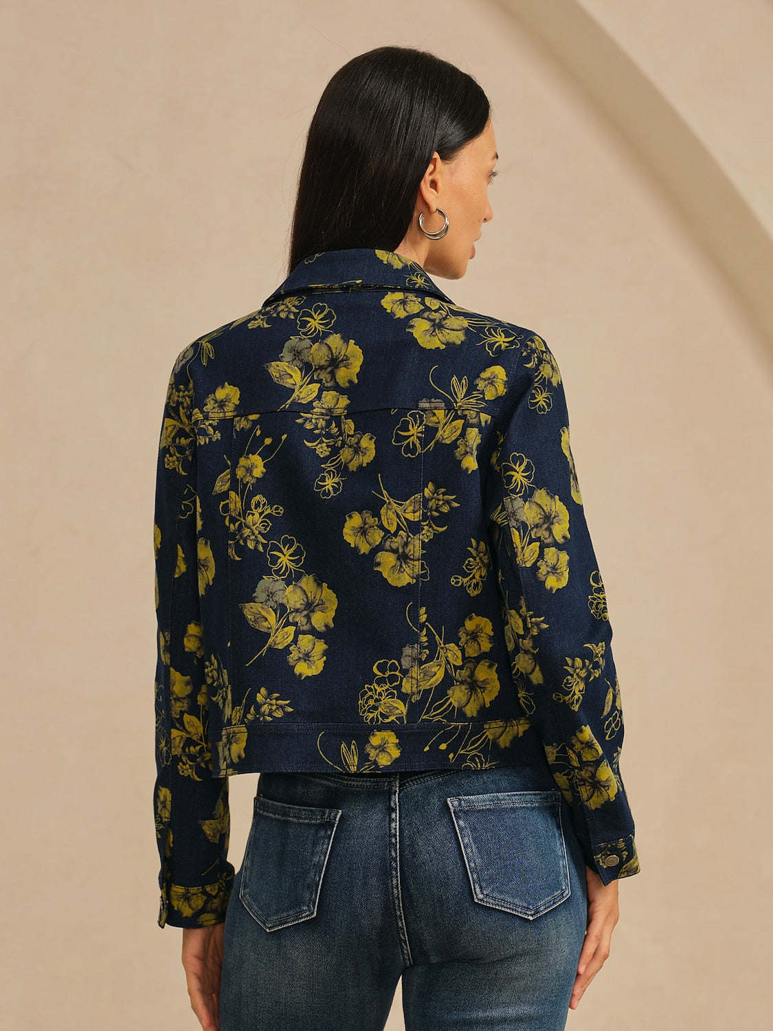 Jacket Denim Fabric Yellow Floral Pattern Turn Down Collar