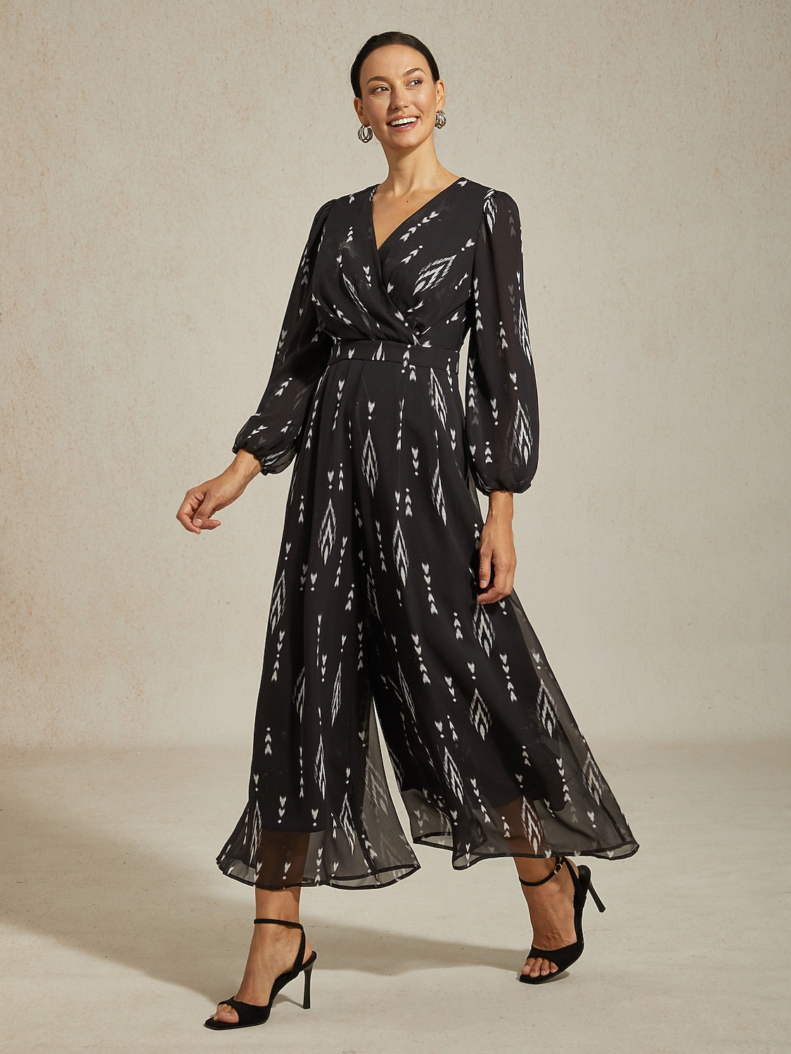 Jumpsuit Black Chiffon Printed Wide Leg Waist Cinching