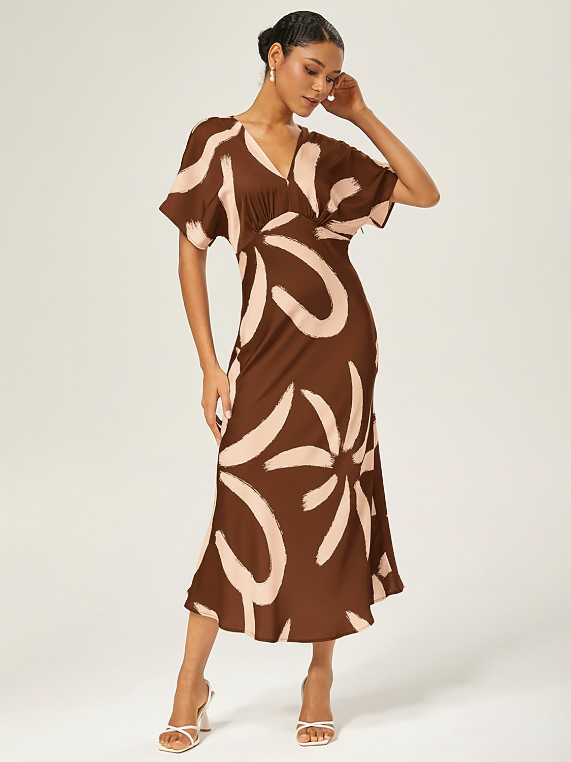 Maxi Dress Coffee Abstract Floral Print Satin