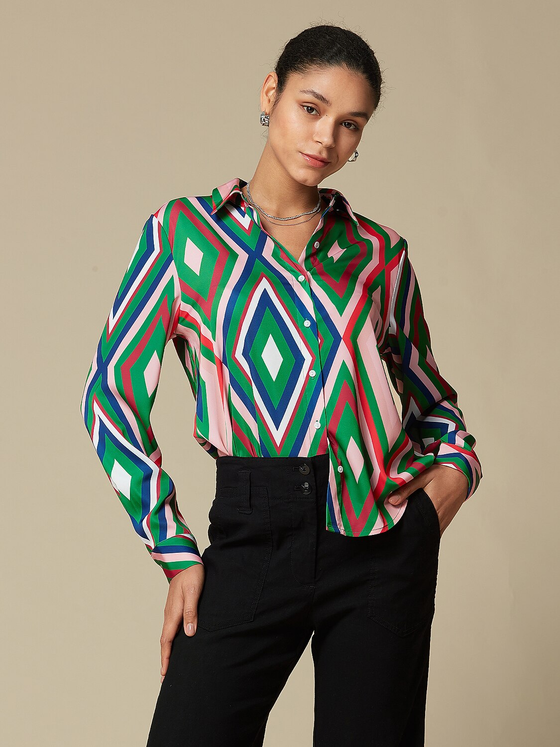 Satin Geometric Print Casual Shirt
