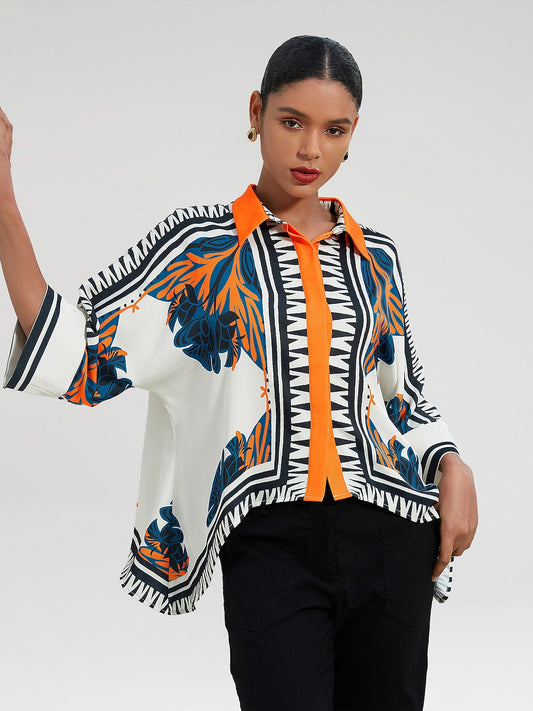 Satin Silk Shirt Block Printing Collar