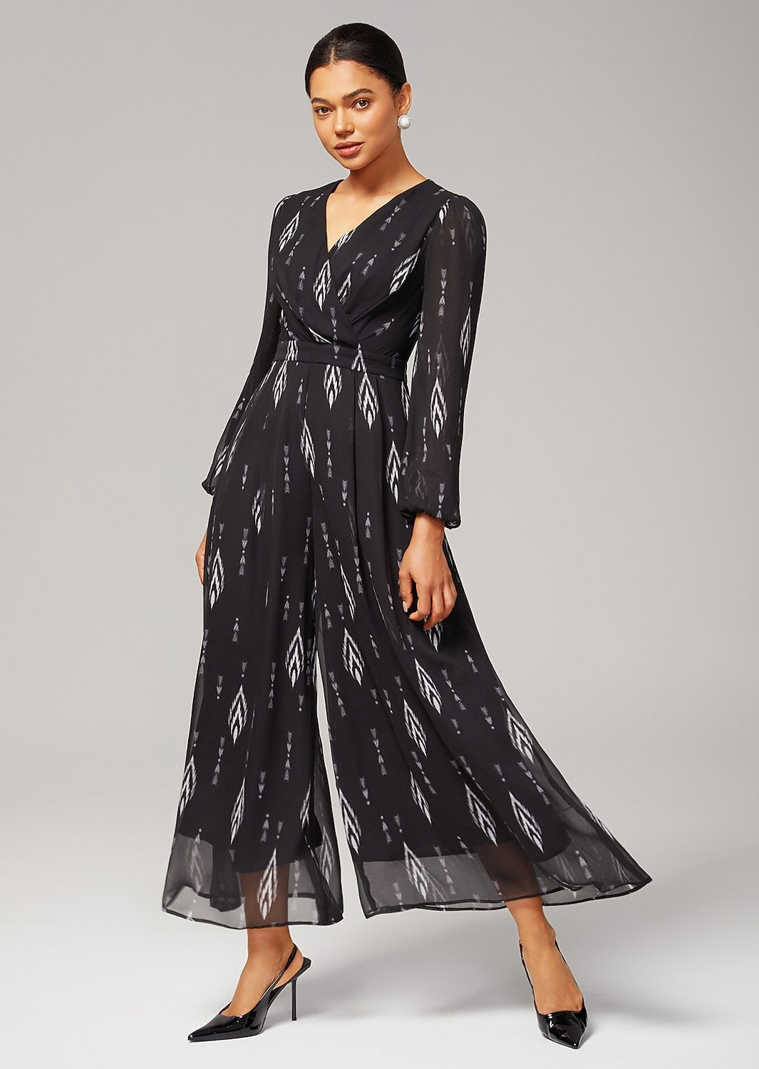 Jumpsuit Black Chiffon Printed Wide Leg Waist Cinching