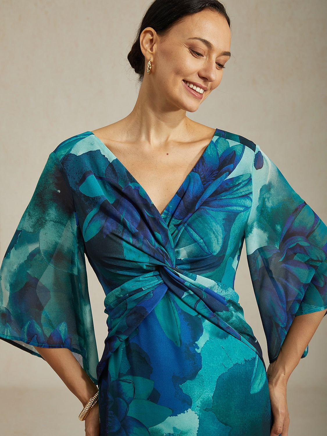 Maxi Dress Green Abstract Floral Print Twist Knot