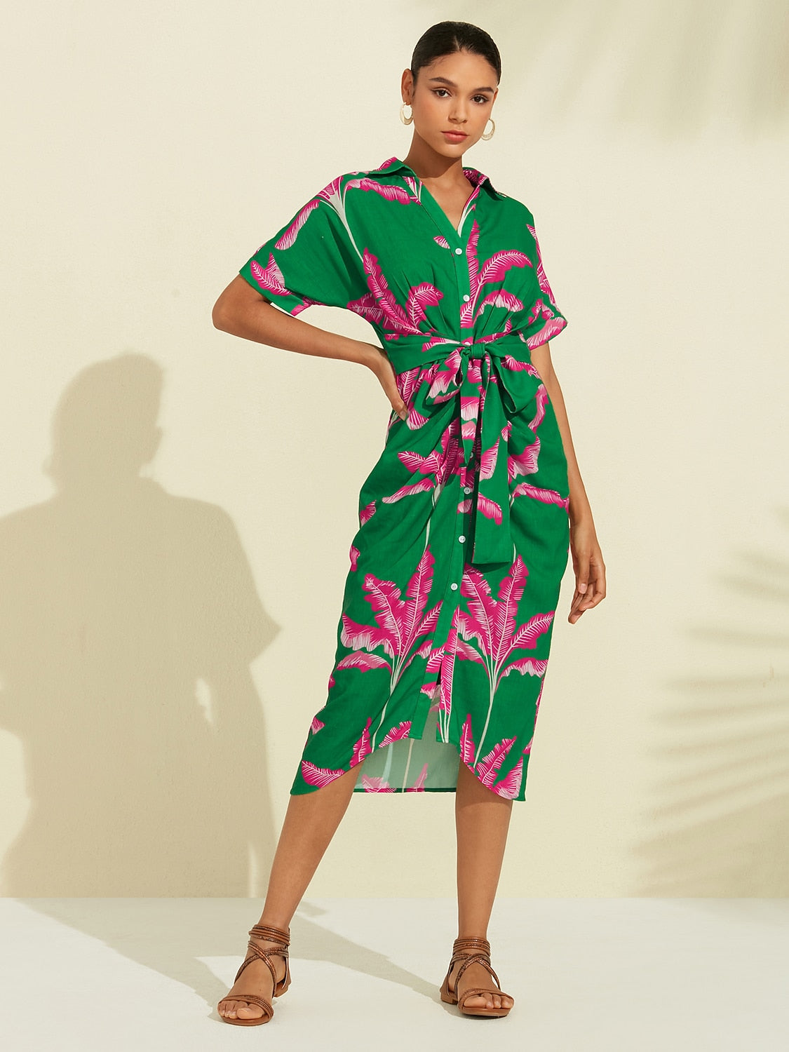 Print Shirred Midi Dress