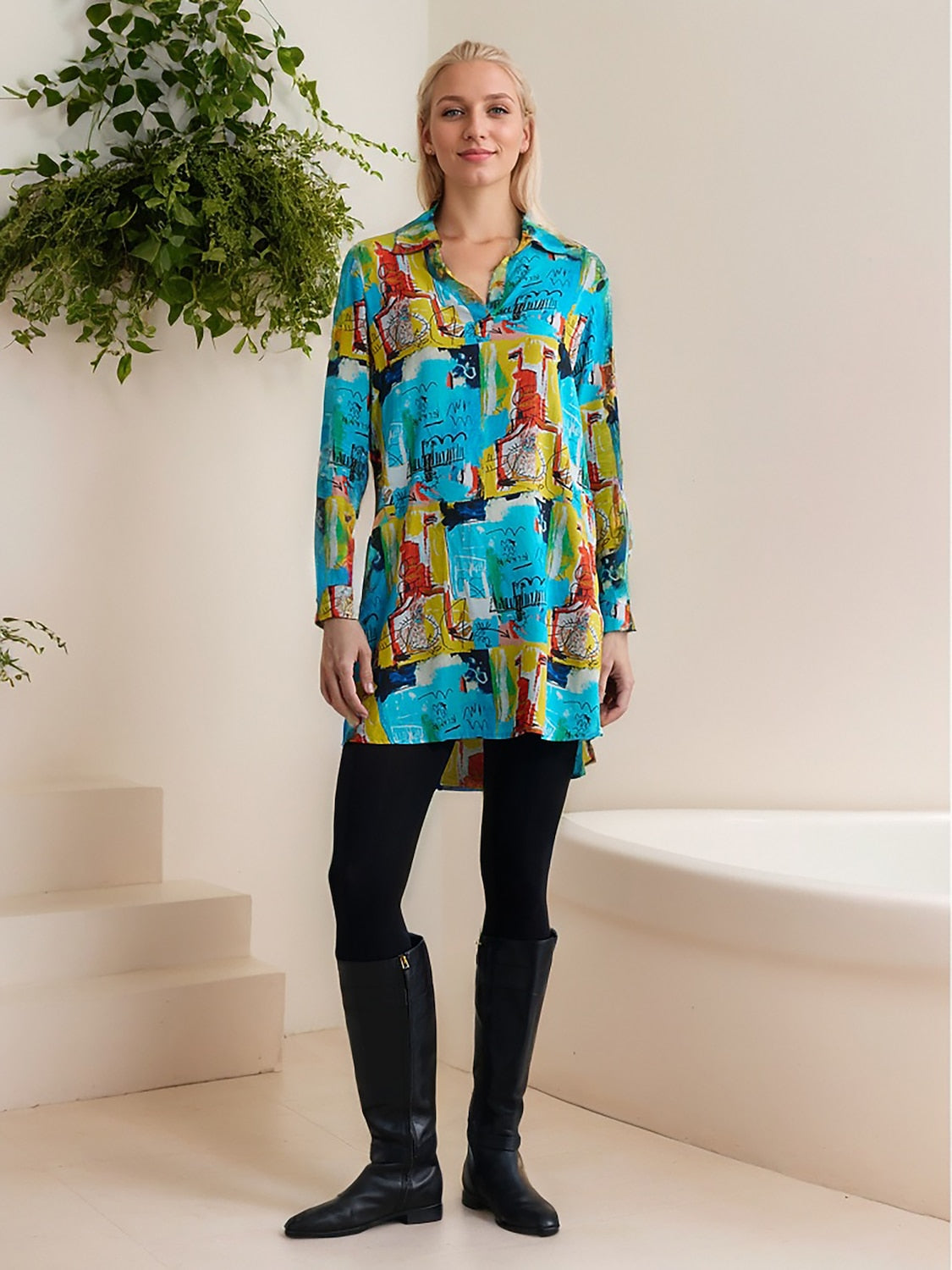 Rayon Graffiti Cuff Lapel Mini Shirt Dress