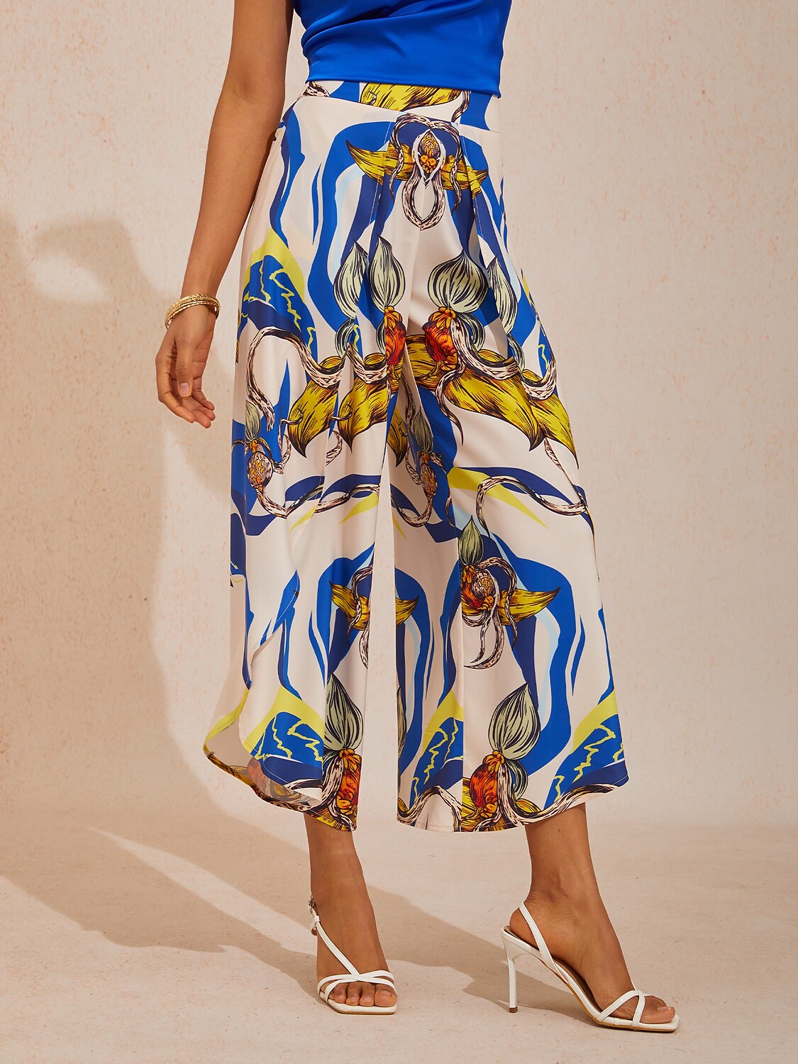 Vacation Abstract Geometric Print Curved Hem Cross-over Satin Wide leg Pants