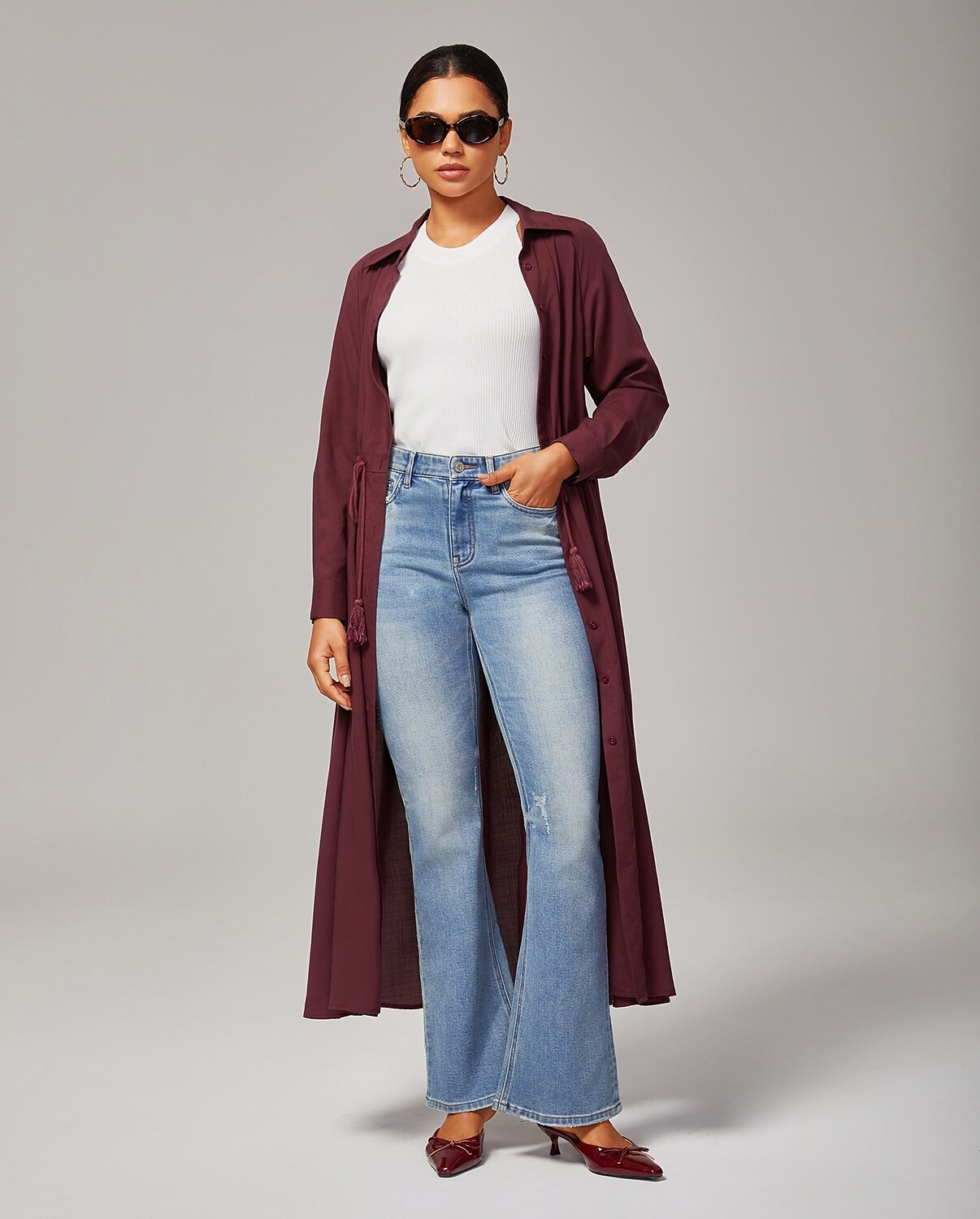 Cotton Stretch Flared Jeans High Waist Frayed Hem Denim Pants