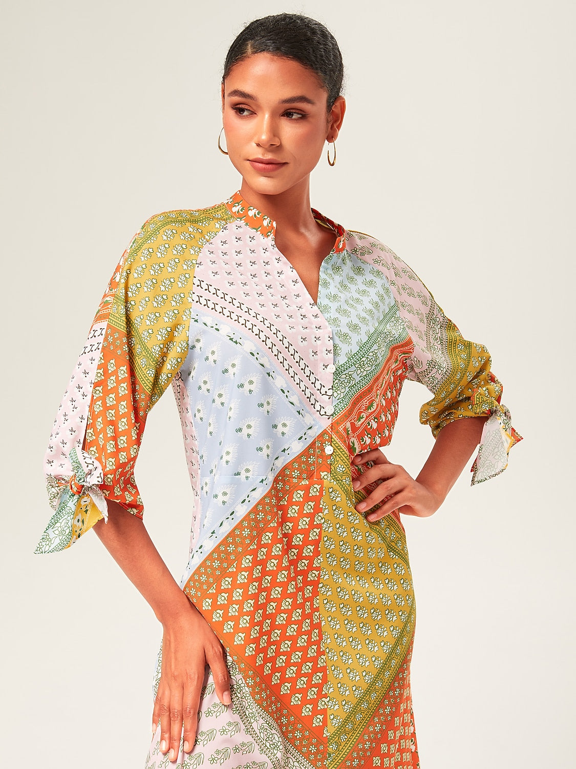 Maxi Dress Colorful Silk Scarf Printed Tie