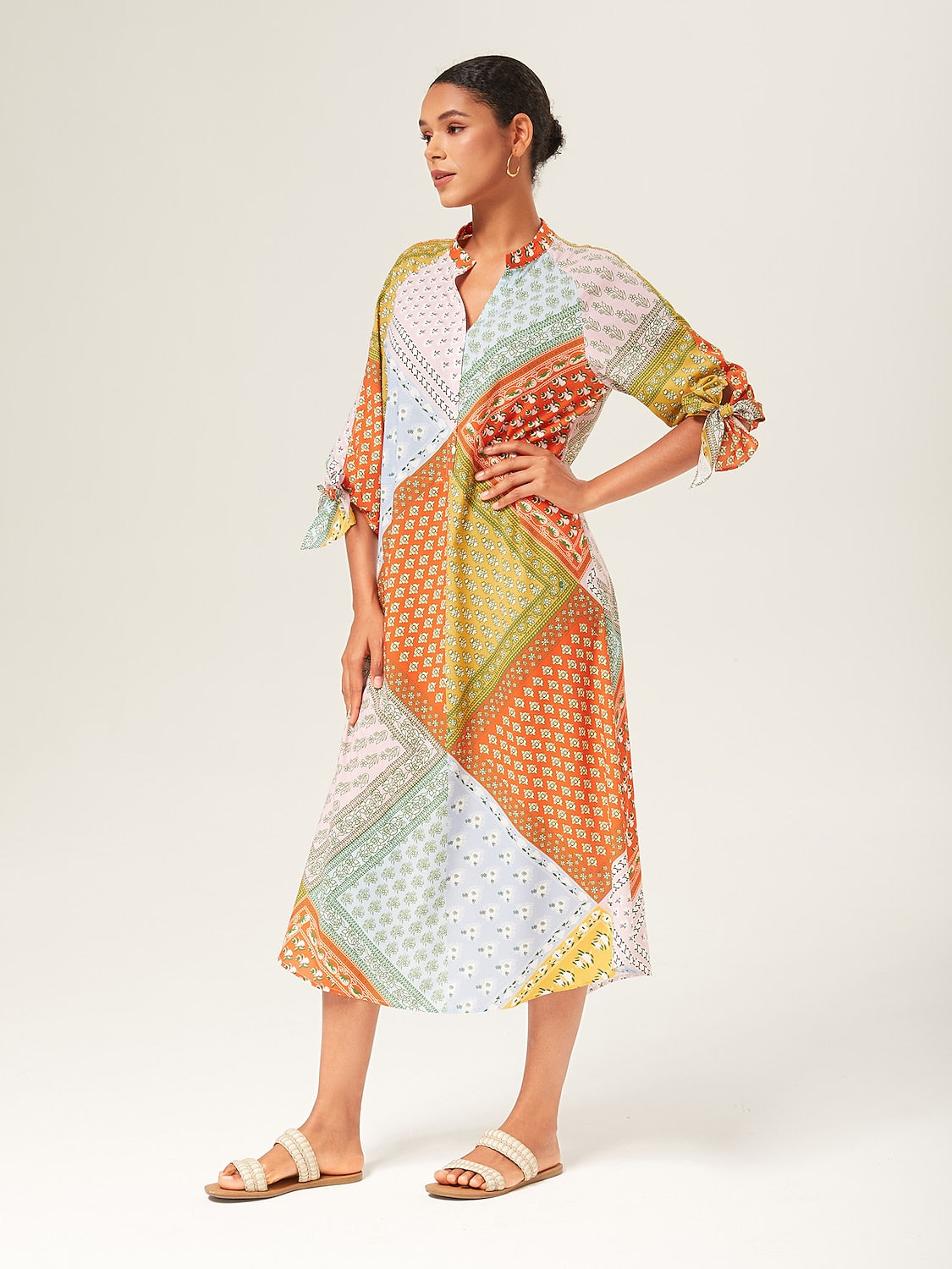 Maxi Dress Colorful Silk Scarf Printed Tie