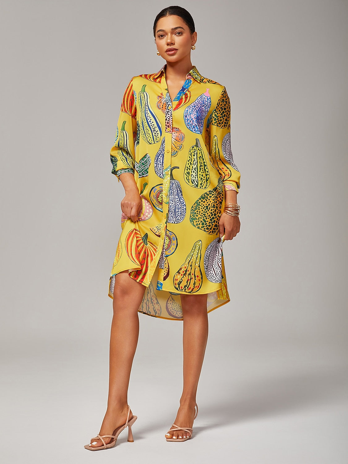 Shirt Dress Asymmetrical Hem Split Design Pumpkin Print