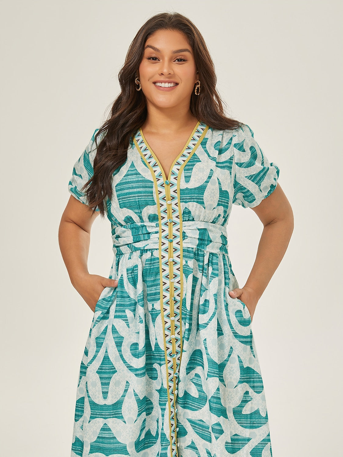 Puff Sleeve V Neck Maxi Dress