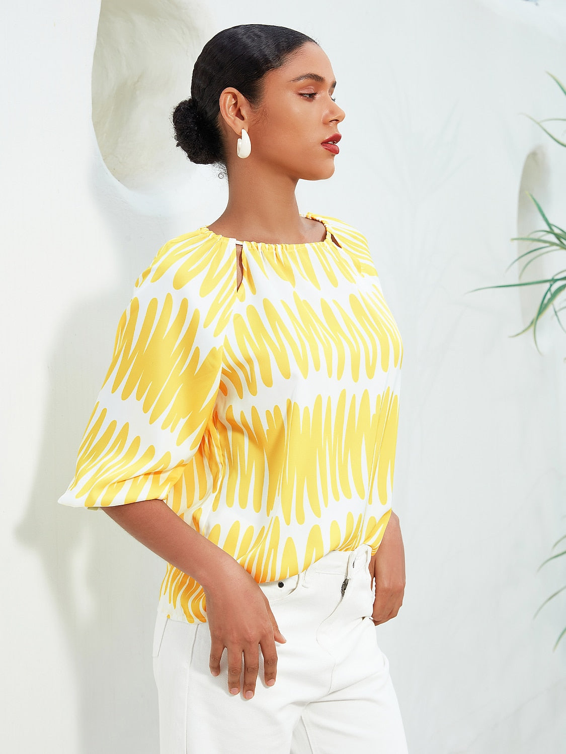 Satin Puff Hollow Out Raglan Shirt