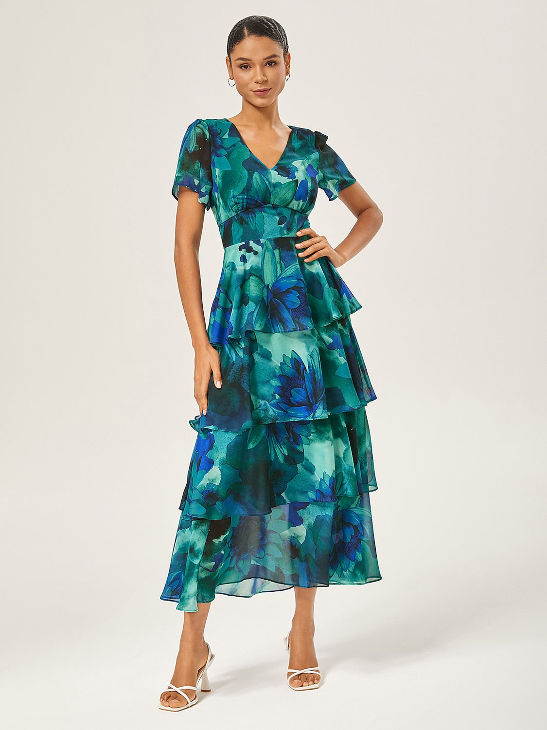 Floral Chiffon Maxi Dress A Line Tiered Ruffle Cake
