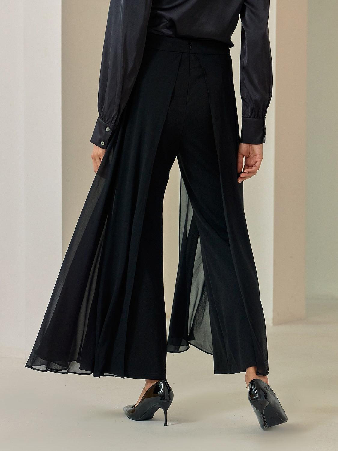 Black Full Length Chiffon High Elasticity Palazzo Pants
