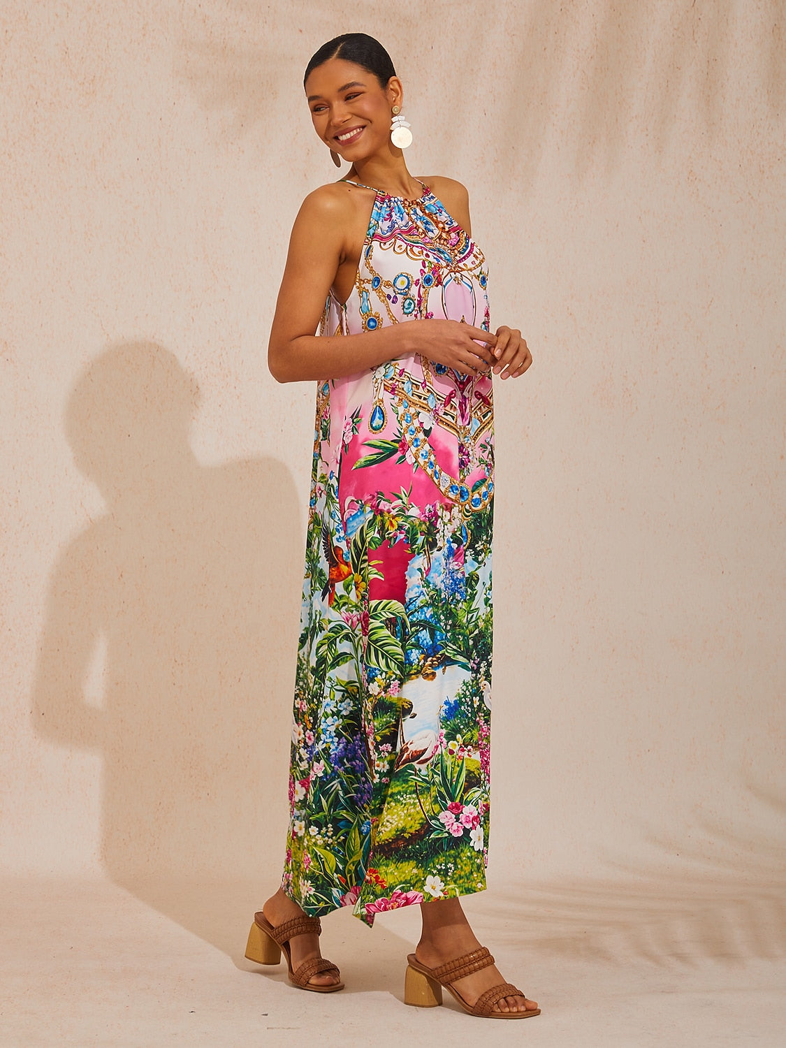 Vacation Vintage Patchwork Motif Sleeveless Drawstring Satin Maxi Dress