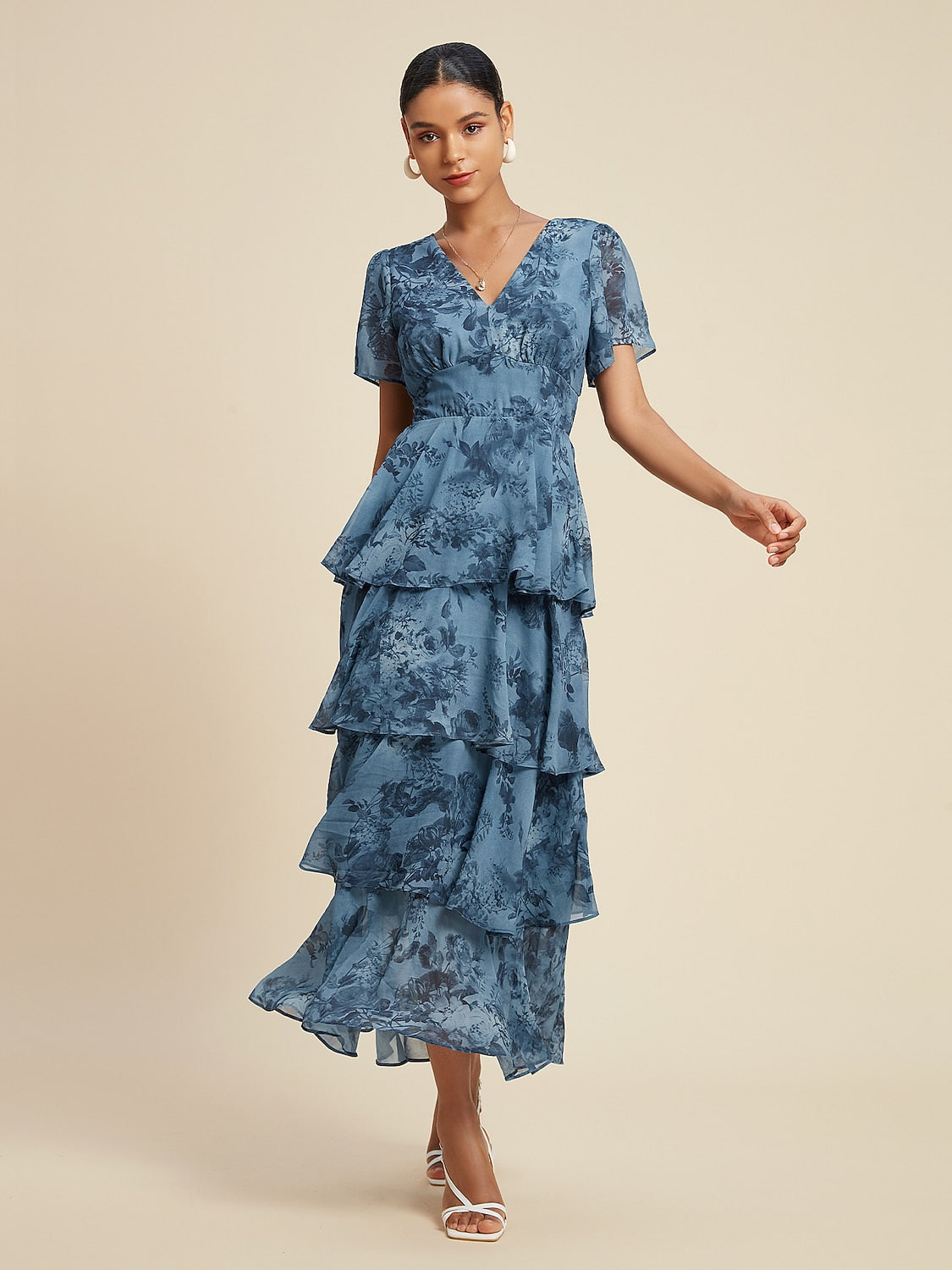Floral Chiffon Maxi Dress A Line Tiered Ruffle Cake