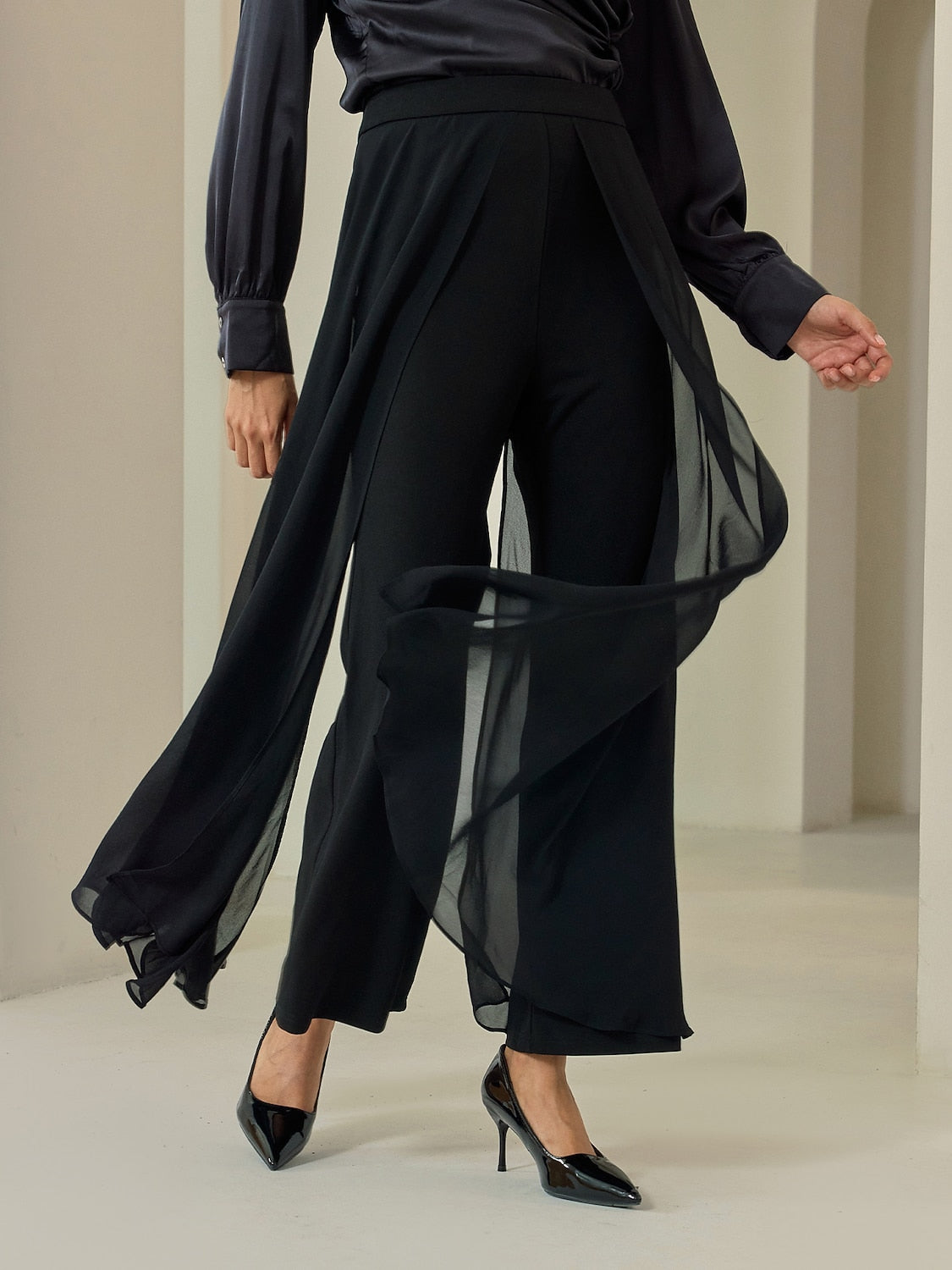 Black Full Length Chiffon High Elasticity Palazzo Pants