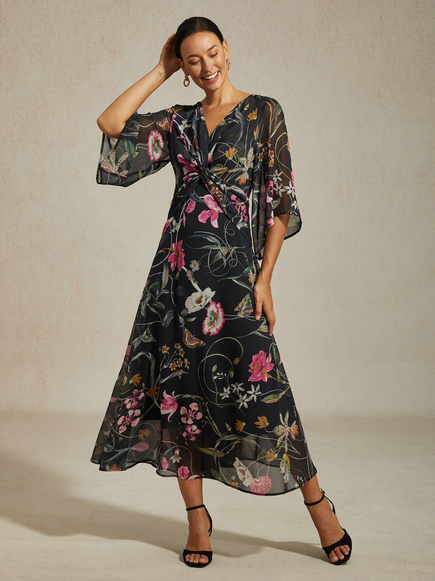 Chiffon Green Abstract Floral Print Twist Knot Maxi Dress