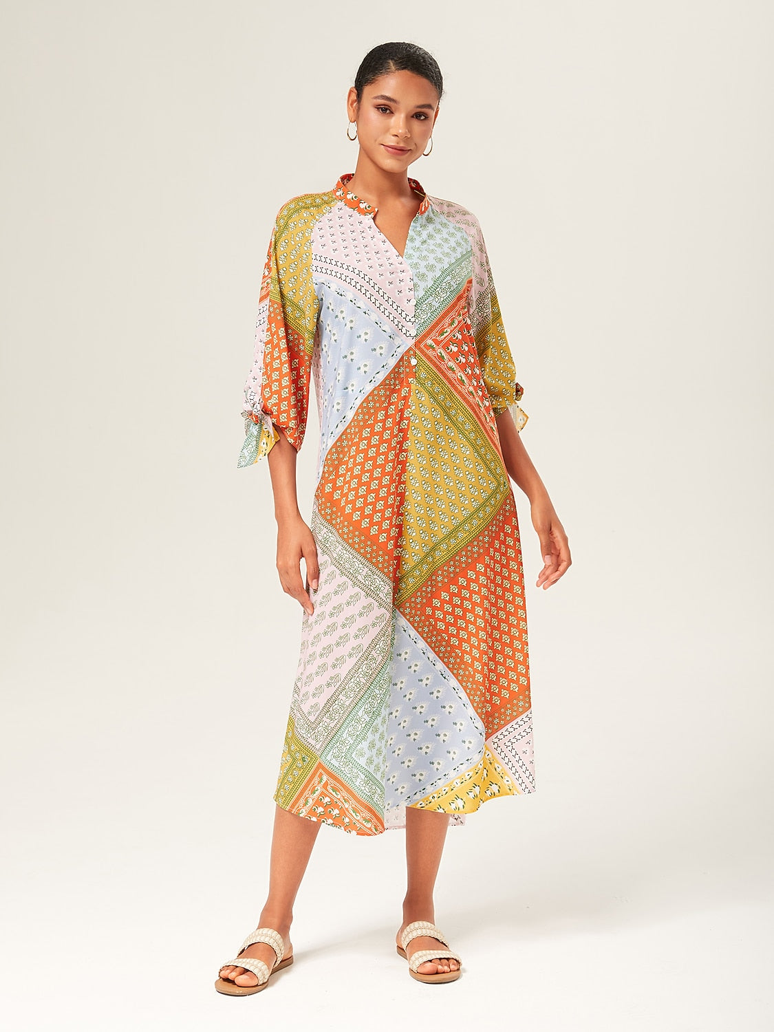 Maxi Dress Colorful Silk Scarf Printed Tie