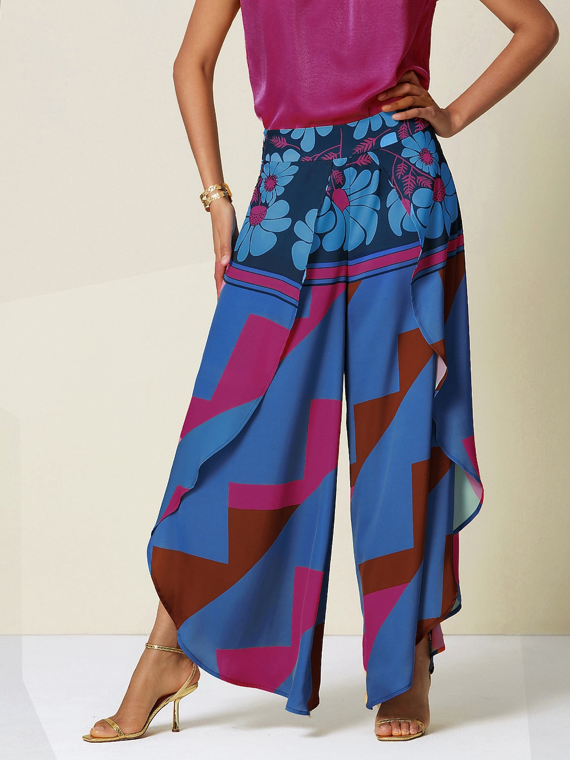 Satin Geometric Print Swing Full Length Micro-Elastic Pants