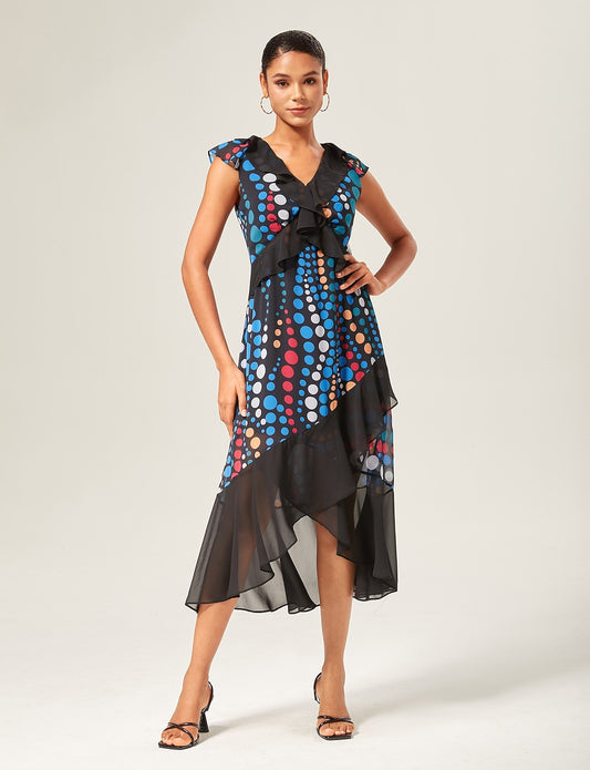 Colorblock Polka Dot Chiffon Ruffle Maxi Dress