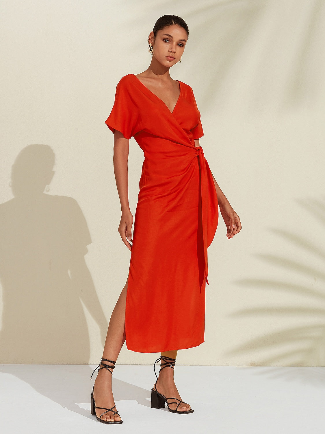 Tencel Linen Orange Red  Shirred Wrap Midi Dress
