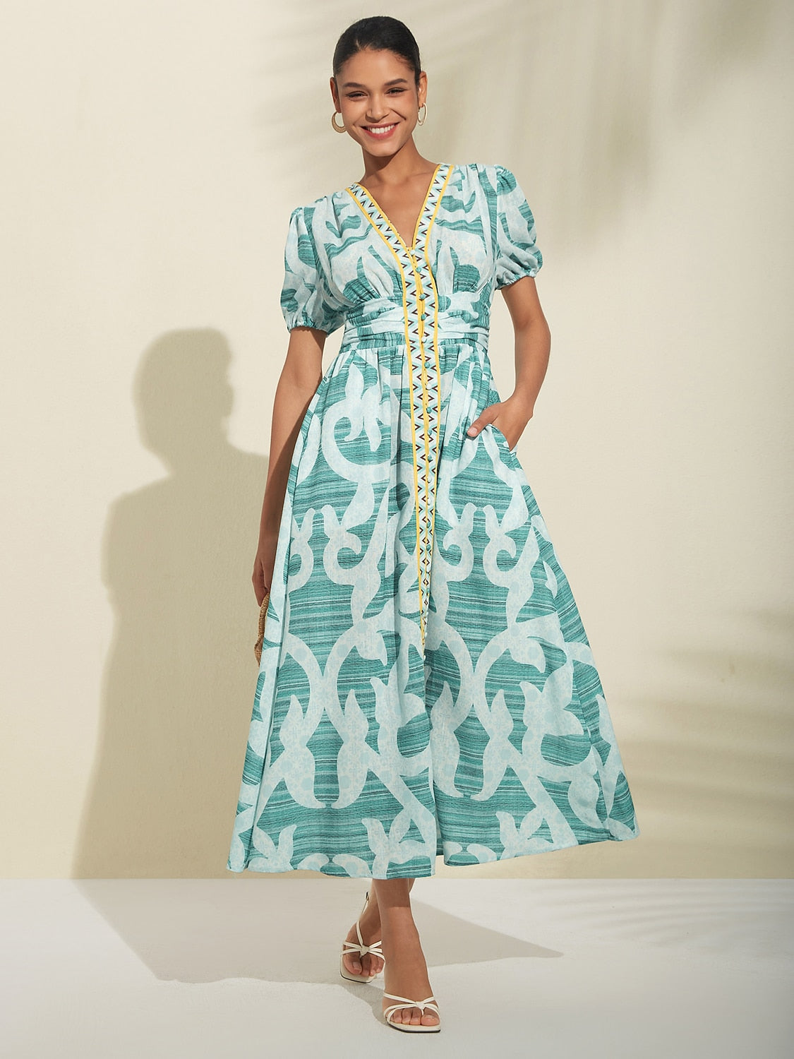 Puff Sleeve V Neck Maxi Dress