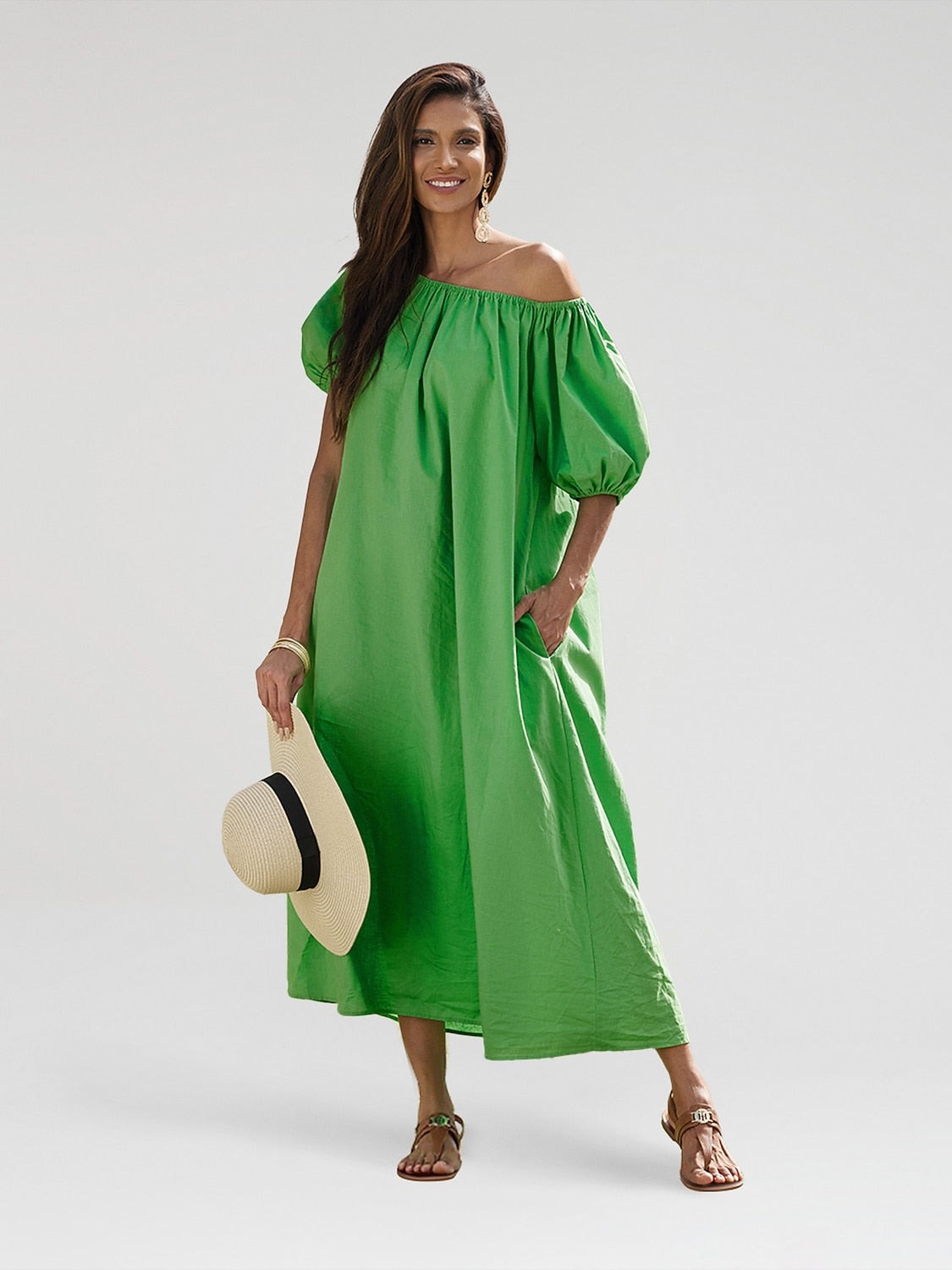 Cotton Resort Maxi Dress Loose Fit Off-Shoulder Puff