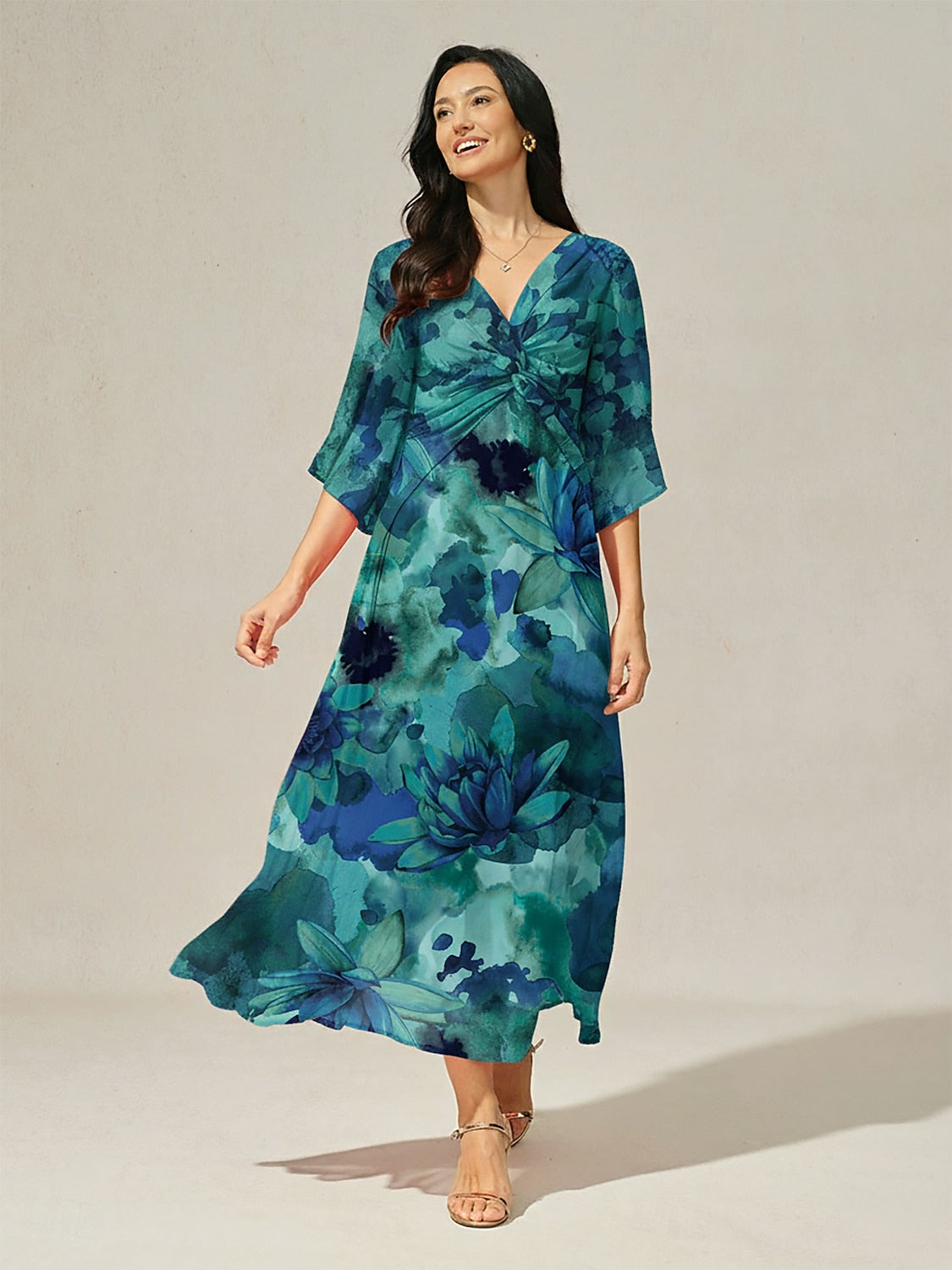 Maxi Dress Green Abstract Floral Print Twist Knot