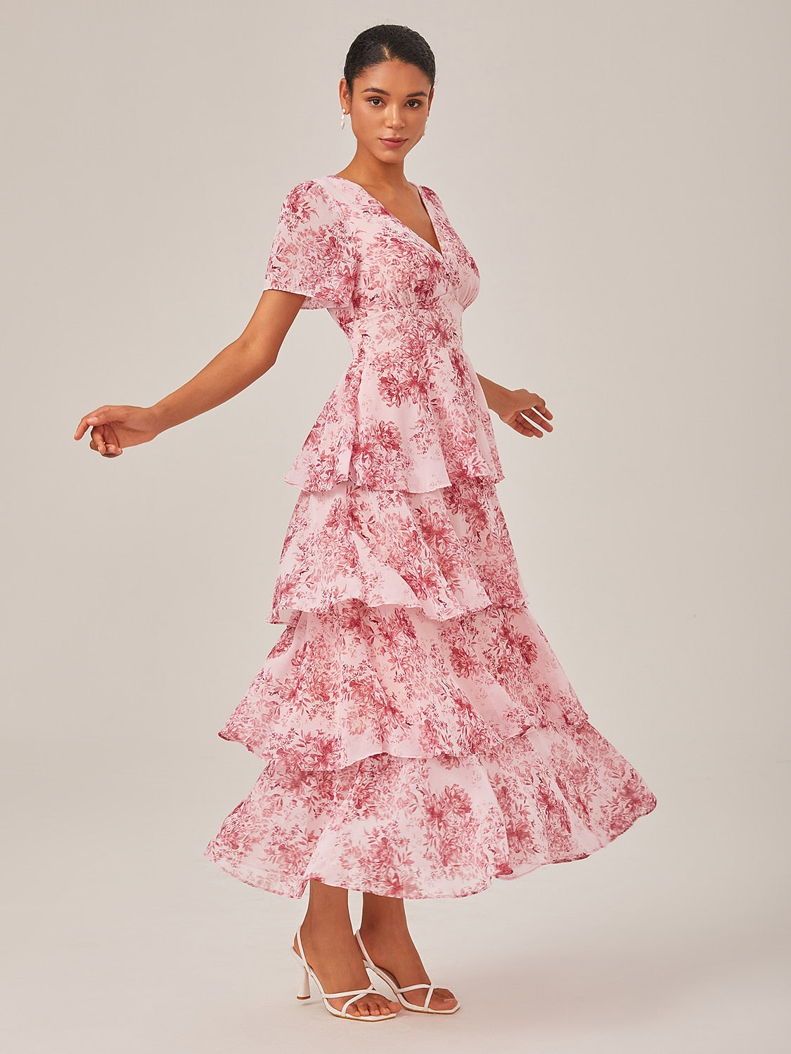 Floral Chiffon Maxi Dress A Line Tiered Ruffle Cake