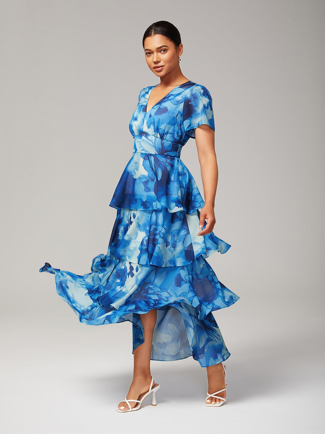 Floral Chiffon Maxi Dress A Line Tiered Ruffle Cake