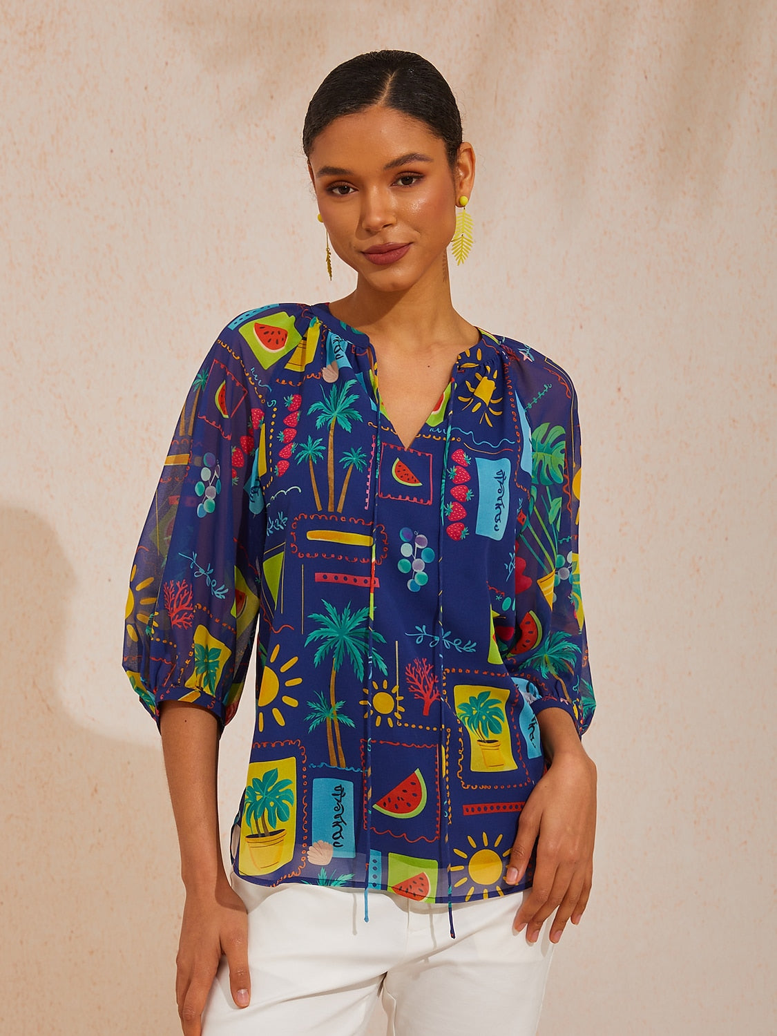 Vacation Tropical Geometric Floral Loose Chiffon Top