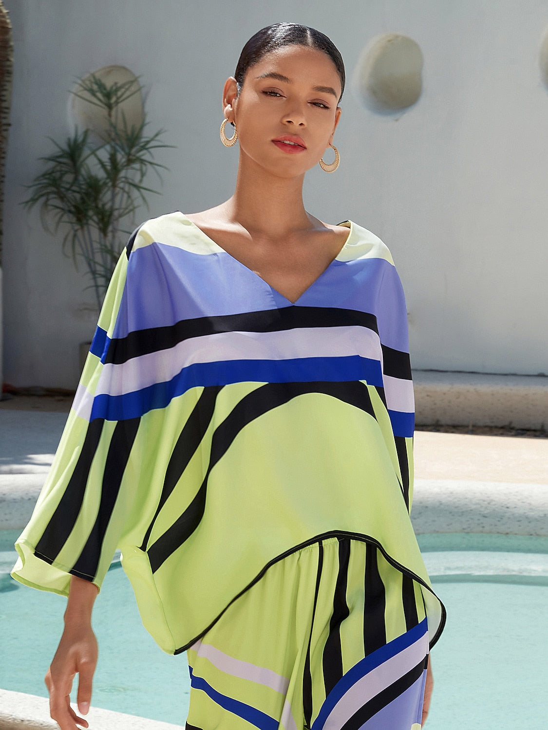 Satin Geometric Print Poncho Blouse