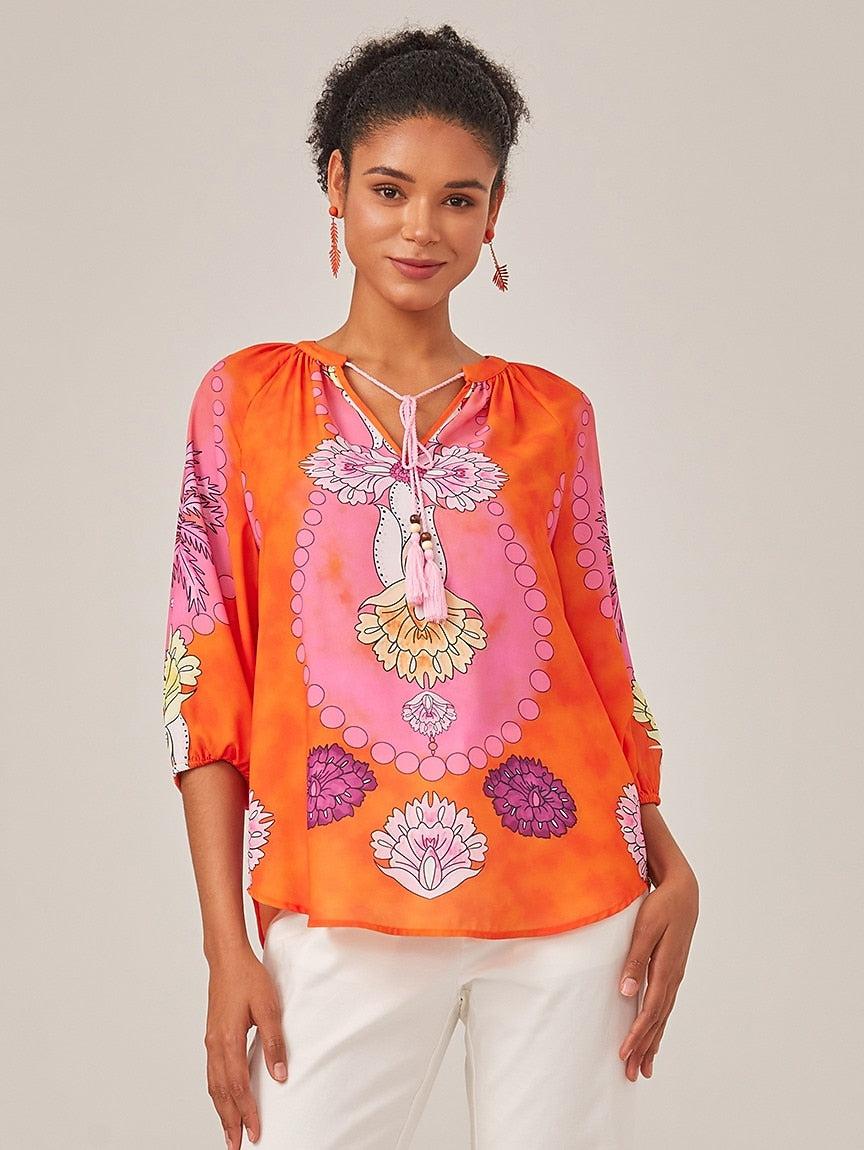 Vacation-Style Placement Print Pullover Top