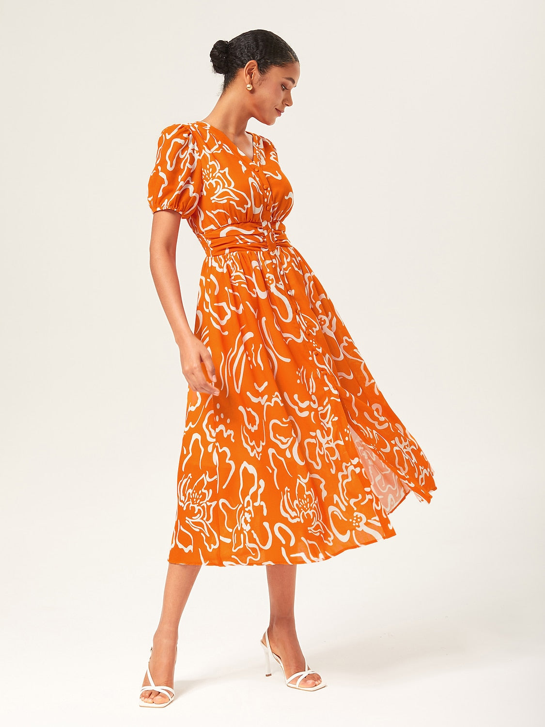 Abstract art print Linen-Like Fabric Waist-Cinching Maxi Dress