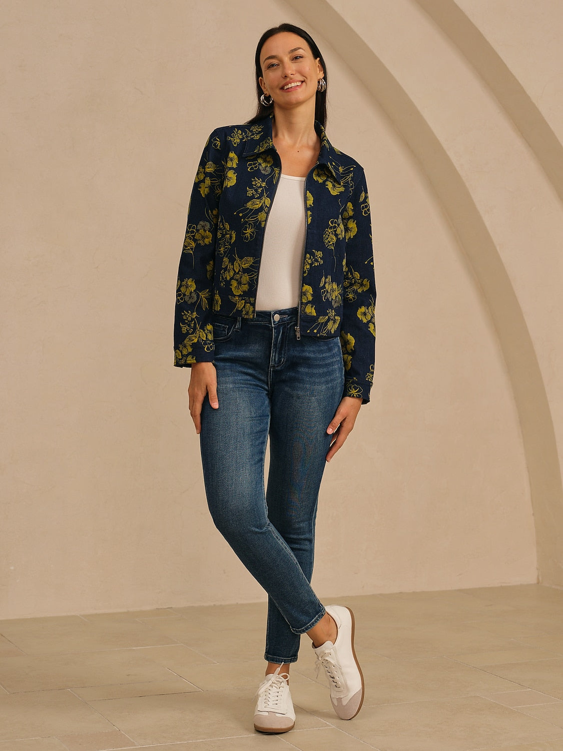 Jacket Denim Fabric Yellow Floral Pattern Turn Down Collar